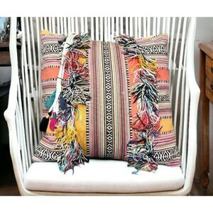Pier 1 Boho Southwestern Aztec Colorful Print Fringe Tassels Throw Pillow 15"